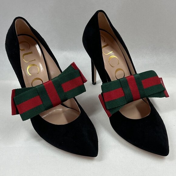 NIB Authentic Gucci Sylvie Black Suede Pumps with Green & Red Stripe Web Bow - Picture 2 of 15